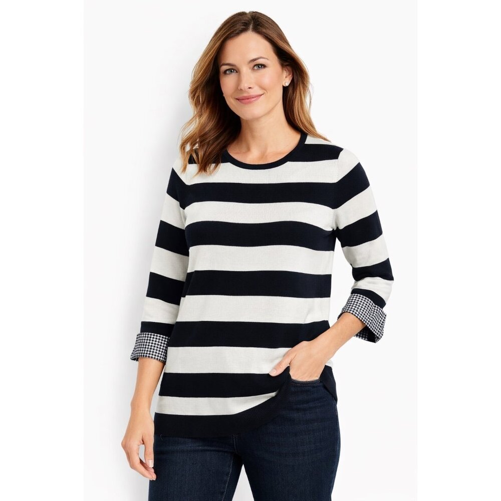 ⚓ Talbots Striped Knit Top Large Black White Gingham Cuff Sleeve ⚓